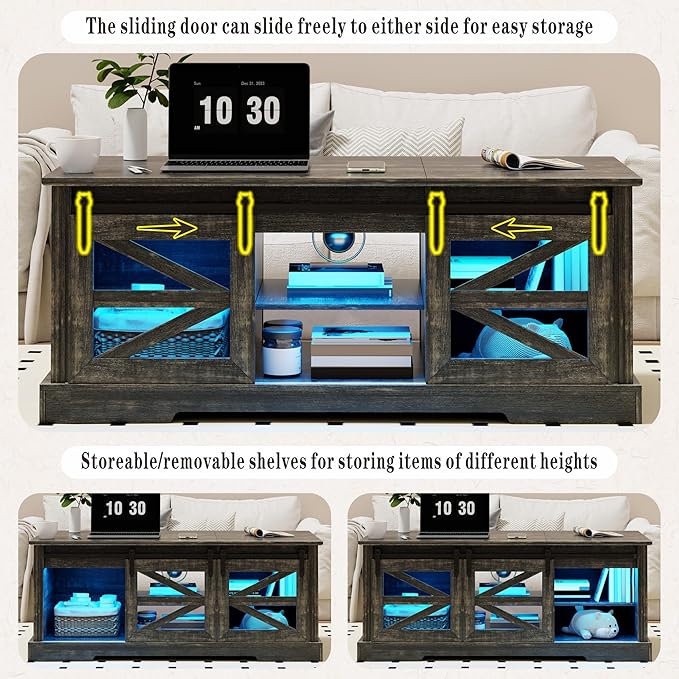 Farmhouse Coffee Table, Lift Top Coffee Table with Gun Cabinet, 2 Sliding Barn Doors-Large Storage and 3 Color LED Lights fit Modern Rectangular Rustic Living Room Center Table,Dark Oak