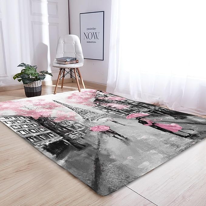 kxry 6 * 9 Feet Pink Paris Eiffel Tower Soft Area Rugs for Kids Girls Women French Style Couple Lover Flower Floor Carpet for Living Room Bedroom Dorms Nursery Rooms Home Decor Aesthetic
