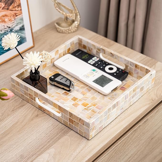 PEMAR 12.2" Square Serving Tray Mother of Pearl Nacre Wood Lap Ottoman Tray for Coffee Table, Luxury Decorative Handmade Eating Platters w Insert Handles (White Cream Squares Pattern)