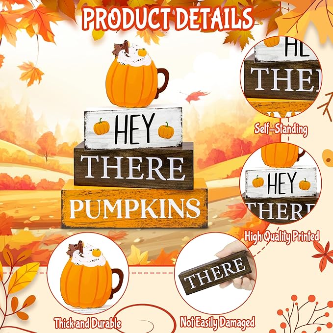 4 Pcs Fall Decor Wooden Tiered Tray Decor, Pumpkins Autumn Decorations Gifts for Home, Thanksgiving Table Centerpiece for Autumn Harvest Party Kitchen