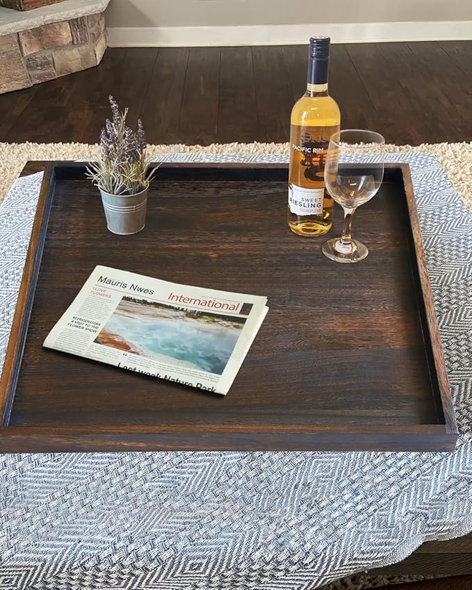 24" Rustic Wooden Serving Tray - Extra Large Square Ottoman Table Tray for Farmhouse Decorative Oversized Coffee Table Trays Living Room Kitchen Counter Breakfast Brown