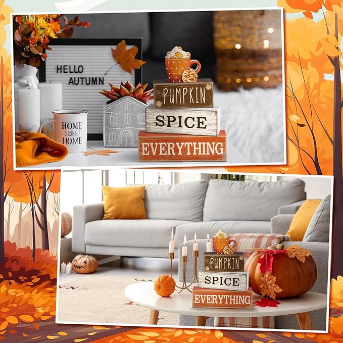 4 Pcs Fall Tabletop Decor Fall Cup Decoration Autumn Tiered Tray Decor Rustic Wooden Cup Block Sign Gift Thanksgiving Centerpiece Farmhouse Autumn Decoration for Harvest Party Kitchen Home