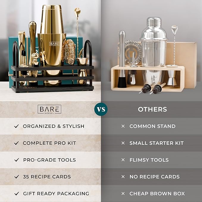 BARE BARREL® Mixology Bartender Kit Bar Set | 14-Piece Cocktail Shaker Set | Martini Barware Mixing Tools for Home Bartending | 35 Recipe Cards | Gift Set (28oz Boston Shaker, Gold/Black)