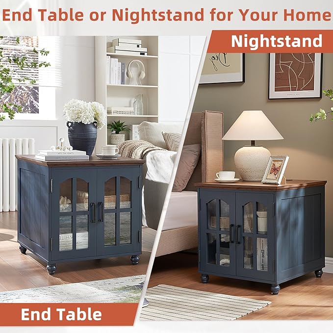 Farmhouse 24" End Table Set of 2 with Charging Station, Large Sofa Side Table with Glass Barn Door,Wood Night Stand with Adjustable Storage Shelf,Square Bedside Table for Living Room,Bedroom
