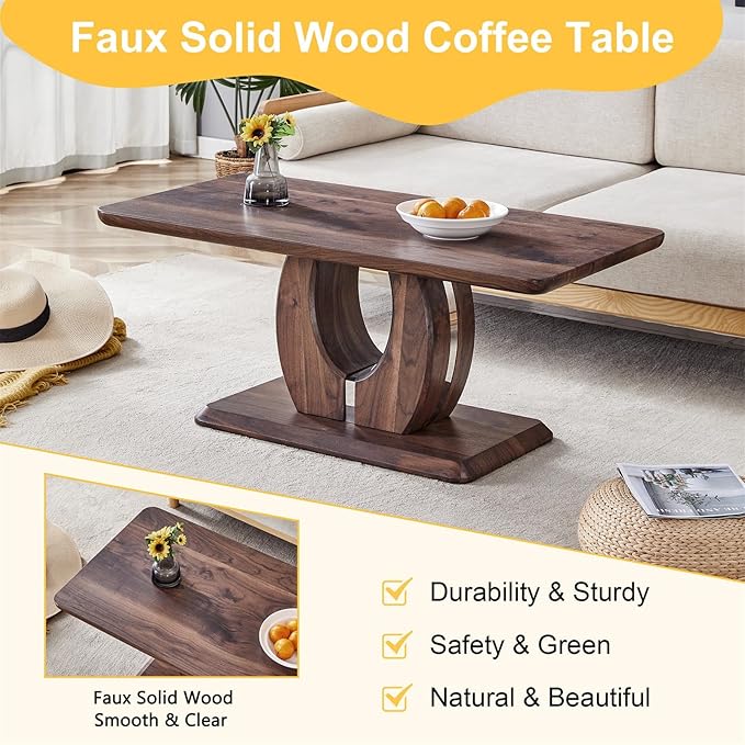 LKTART Rectangle Coffee Table for Living Room, Imitation Marble Coffee Tables with Storage, Modern Stable Base Center Tea Table for Dining Room Small Space Apartment (43.3''L×22.4''W-Walnut)