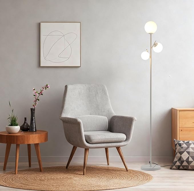 Fiqevs White Mid Century Floor Lamp, Modern 3 Globe Standing Lamp with 3 LED Bulbs & Arcing Frosted Glass Shades, Boho Rustic Tall Tree Lamp for Living Room, Bedroom & Office