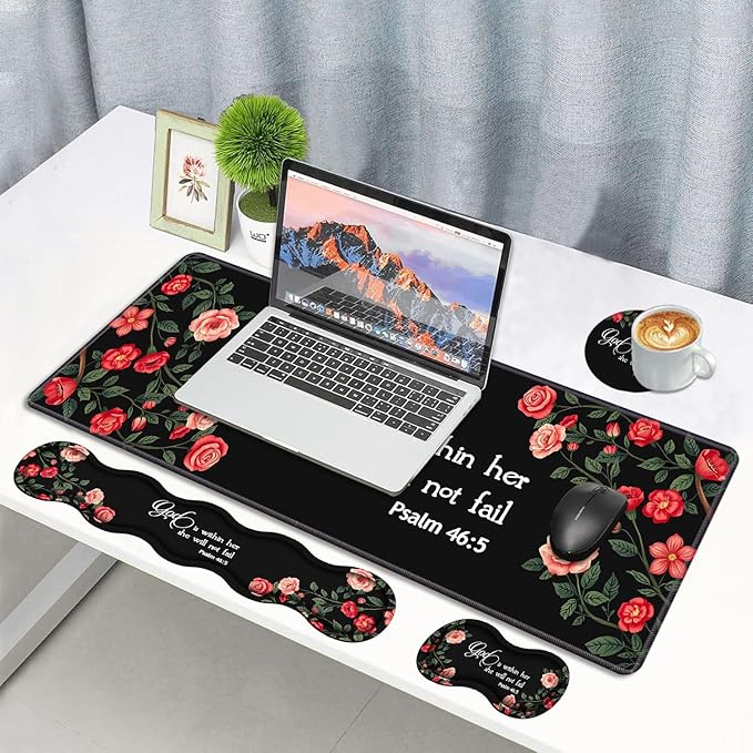 4 in 1 Ergonomic Memory Foam Mouse Pad Wrist Rest Set, Large XXL Gaming Desk Pad + Keyboard Wrist Rest + Mouse Wrist Cushion + Coaster for Home Office Study Gaming, Floral Quote Bible Verse Psalm 46:5