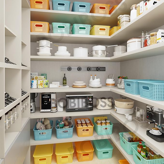 Colorful Plastic Storage Baskets with Lids 8 Pack Stackable Storage Bins Containers for Shelves Organizing, Colored Cute Decorative Storage Boxes for Classroom, Playroom, Closet, Pantry