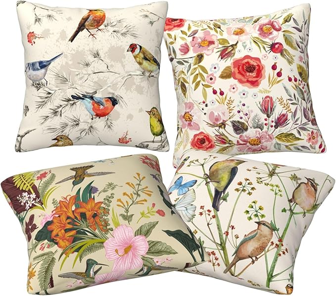 Flowers Birds Decorative Throw Pillowcases Set of 4 Pillow Covers 18x18 Inch, Spring Cushion Case Sofa Throw Pillows Cover Garden Pillow Covers for Couch Living Room Bed Indoors Home Decor