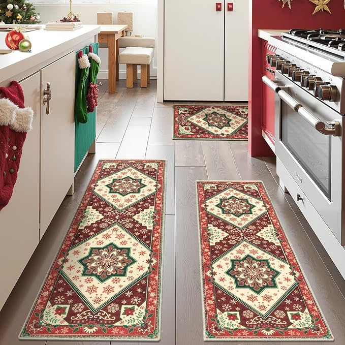 Yamaziot Christmas Kitchen Rugs Sets of 3, Non Slip Kitchen Mats for Floor with Rubber Backing, Holiday Christmas Snowflake Runner Rug Decor Home Decorations for Kitchen, Laundry Room, Hallway