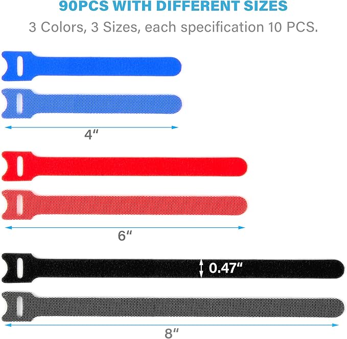 90 PCS Reusable Cable Ties 4+6+8 Inch, Adjustable Hook and Loop Straps for Cord Organization, Wire Management - Home, Office, Garage