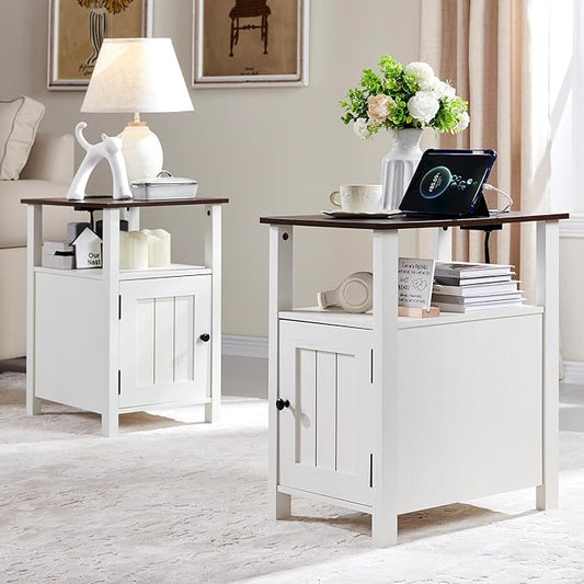 Farmhouse Nightstand Set of 2, End Table with Charging Station, Rustic Side Table w/Barn Door & Open Shelves, Bedside Table w/Storage Space and Storage Cabinet for Bedroom, Living Room (White)