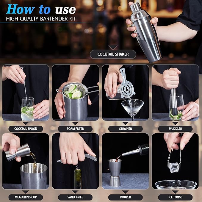 JUSTDOMI 26-Piece Stainless Steel Bar Tool Set Bartender Accessories, Cocktail Shaker Set Bartender Kit with Stand, Cocktails Kit with Muddler for Bar Accessories, Home, Party Cafe Drinks-Style 2