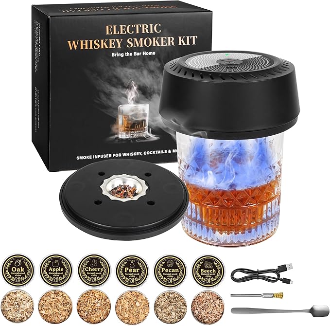 Electric Whiskey Smoker Kit, Rechargeable Cocktail Smoker Kit with 6 Wood Chips, Old Fashioned Smoker Kit Bourbon Drink Smoker Kit Birthday Christmas Gifts for Men, Dad, Husband (No Butane）