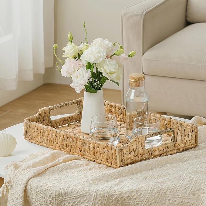 Rectangle Wicker Scalloped Serving Tray with Handles - Seagrass Handwoven Trays,Water Hyacinth Tray for Home Decor and Living Room, Dining Table, Bathroom Organizing, 16.9" L x 12.9" W x 1.96" H