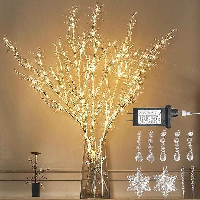 LITBLOOM Lighted White Twig Branches 32IN 200 LED Fairy Lights Plug in with Timer and Dimmer, Artificial Tree Branch with Lights for Holiday Xmas Home Decoration Indoor Outdoor Decor