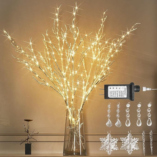 LITBLOOM Lighted White Twig Branches 32IN 200 LED Fairy Lights Plug in with Timer and Dimmer, Artificial Tree Branch with Lights for Holiday Xmas Home Decoration Indoor Outdoor Decor