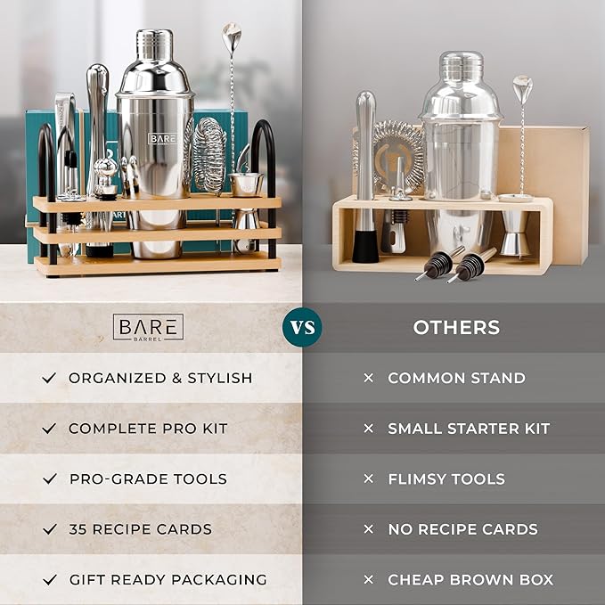 BARE BARREL® Mixology Bartender Kit Bar Set | 14-Piece Cocktail Shaker Set | Martini Barware Mixing Tools for Home Bartending | 35 Recipe Cards | Gift Set (24oz Cobbler Shaker, Silver/Natural)