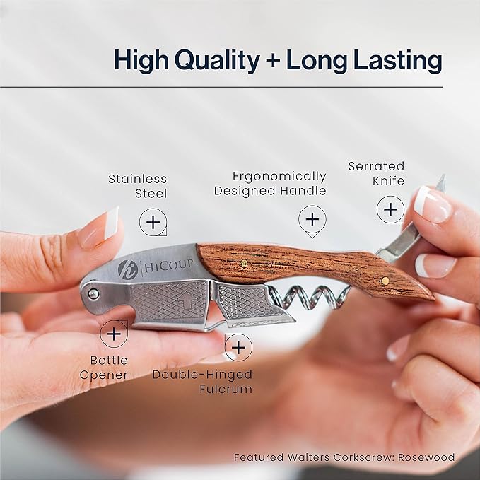 Hicoup Wine Opener - Professional Corkscrews for Wine Bottles w/Foil Cutter and Cap Remover - Manual Wine Key for Servers, Waiters, Bartenders and Home Use - Stainless Steel With Sandalwood