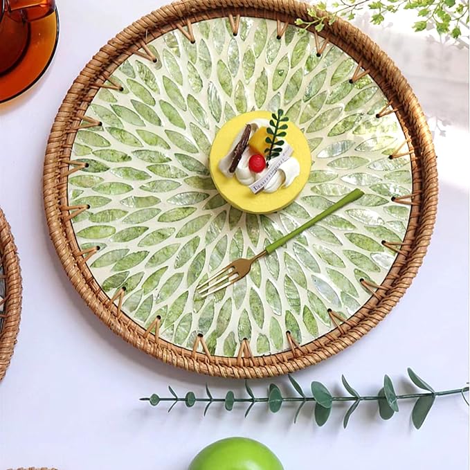Round Rattan Tray with Mother of Pearl Inlay, Decorative Rattan Serving Tray for Home Boho Decor, Coffee Table, Bread, Food, Tea Ottoman Trays, Fruit Wicker Basket,100% Natural Materials Green- 12"