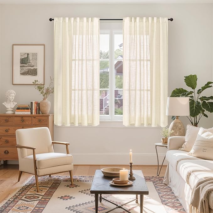 YoungsTex Linen Semi Sheer Curtains 48 Inch Length for Living Room Window - Beige Light Filtering Drapes with Rod Pocket Back Tab for Bathroom Bedroom, 2 Panels, 42 X 48 Inch