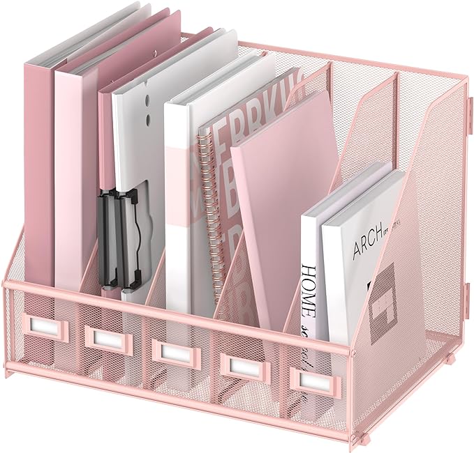 SUPEASY Desk Organizers Metal Desk Magazine File Holder with 5 Vertical Compartments Rack File Organizer for Office Desktop, Home Workspace, Pink