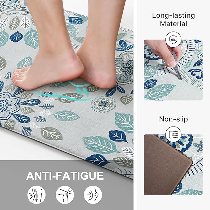 GENIMO Kitchen Mats for Floor 2PCS, Cushioned Kitchen Rugs Non Slip Washable, Farmhouse Anti Fatigue Mat Waterproof, Comfort Standing Mat for Office, Laundry, 17.3"x47"+17.3"x30", AzureBlue&White