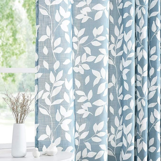 Blue White Curtains for Studio Living Room 54" Length Leaves Print Semi-Sheer Curtain Panels for Kitchen Window, Grommet Top, 2 Pack