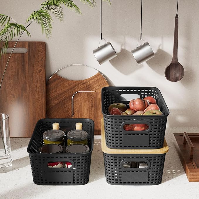 Small Storage Bins with Bamboo Lid, Plastic Storage Box with Lid, 5QT Stackable Organizing Basket with Lable, Storage Container for Classroom, Office, Closet, Shelf Organization, 10x7x4 In-Black-6 Pcs