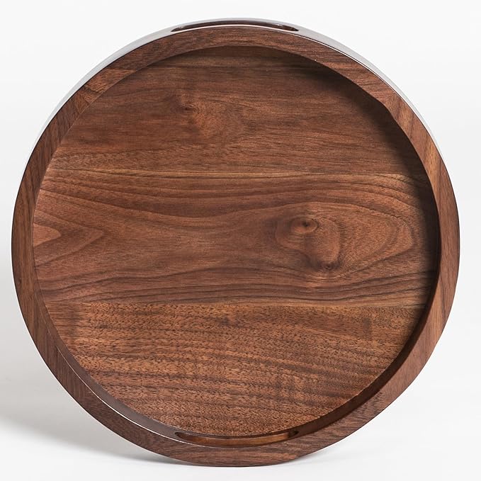 13 x 13 inches Round Ottoman Table Tray, Wooden Solid Black Walnut Circle Platter Decorative Serving Tray with Handle for Oversized Ottoman Home Breakfast in Bed Tea Coffee