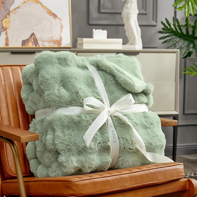 Cozy Bliss Faux Fur Throw Blanket for Couch, Fuzzy Soft Plush Thick Bubble Blanket for Sofa Bedroom Living Room, 60 * 80 Inches Sage Green