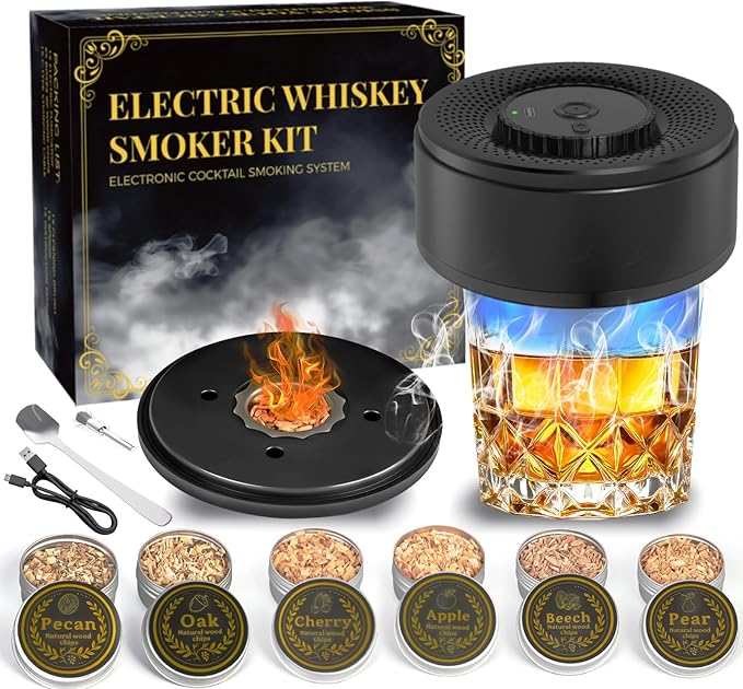 Electric Whiskey Smoker Kit with 6 Flavors Wood Chips, old fashioned smoker kit Built-in LED Ambient Light, Bourbon Smoker Kit, Bourbon Whiskey Gifts for Men,Dad,Husband