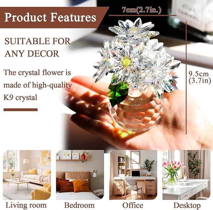 Enjinkail Handmade Crystal Daisy Figurine - Clear Glass Flowers Gifts for Women, Elegant Home Decor & Table Centerpiece