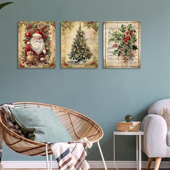 DSHFG Vintage Christmas Wall Art Xmas Decor, Santa Claus Decor Retro Christmas Tree Canvas Wall Art for Home Bedroom Living Room Office, Housewarming Gifts for Women, 14x11 Inch Framed