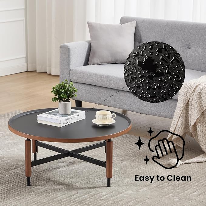 DUOMAY Modern Round Wood Coffee Table, 31.25'' Wide Center Table with X-Shaped Metal Base, Round Tubular Iron Legs Covered with Rubber Wood for Living Room, Lounge, Office, Apartment, Black