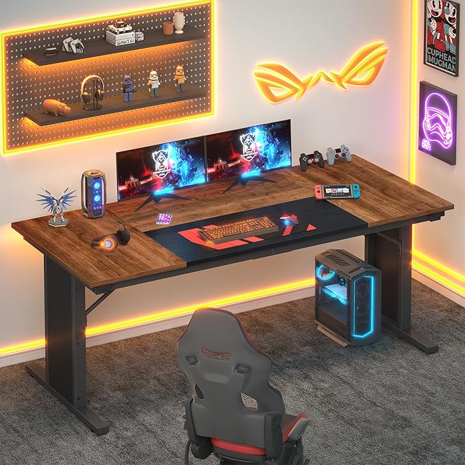 63 inch Computer Desk, Large Executive Office Desk, Gaming Desk Modern Work Desk Study Writing Table for Home Office, Brown and Black