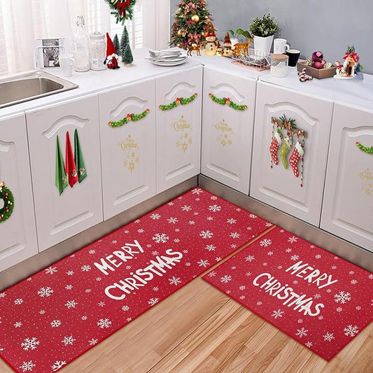 CAROMIO Kitchen Rugs and Mats Washable Non-Skid Kitchen Mats Christmas Decorative Runner Rugs Xmas Throw Floor Mats Runner for Kitchen Laundry Sink, 17"x29"+17"x47"