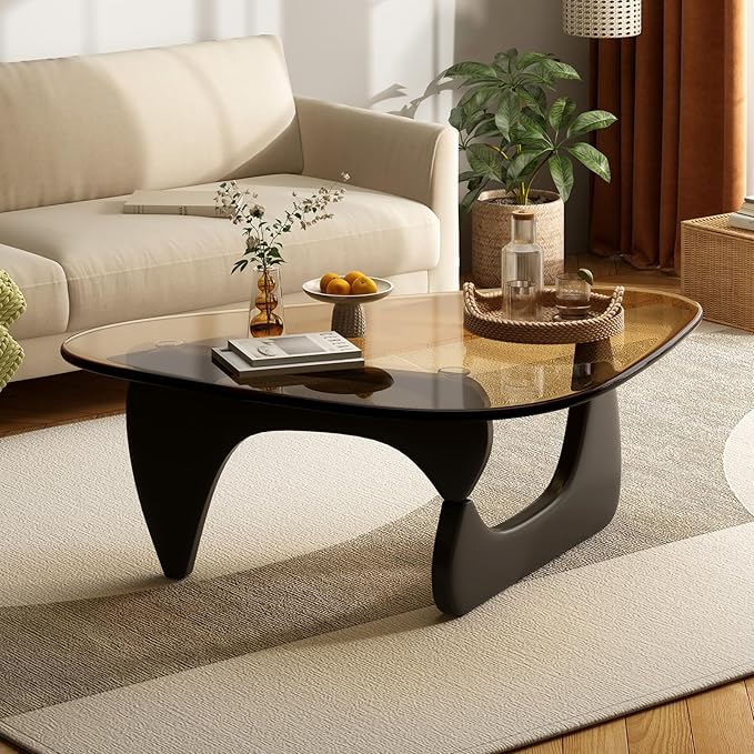 Coffee Table for Living Room Mid Century Modern Center Table with Glass Top, Black Brown