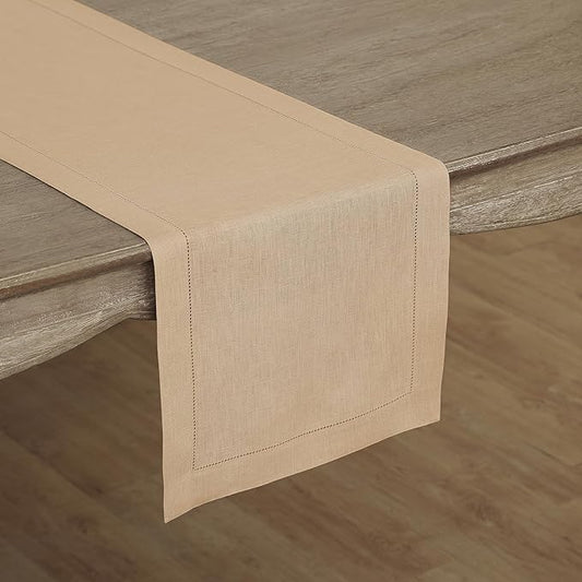 Solino Home Linen Hemstitch Table Runner 48 Inches - 100% Pure Linen Beige Table Runner 14 x 48 Inch Ideal for Dresser and Coffee Tables - Fall, Autumn, Thanksgiving, Christmas - Classic Hemstitch