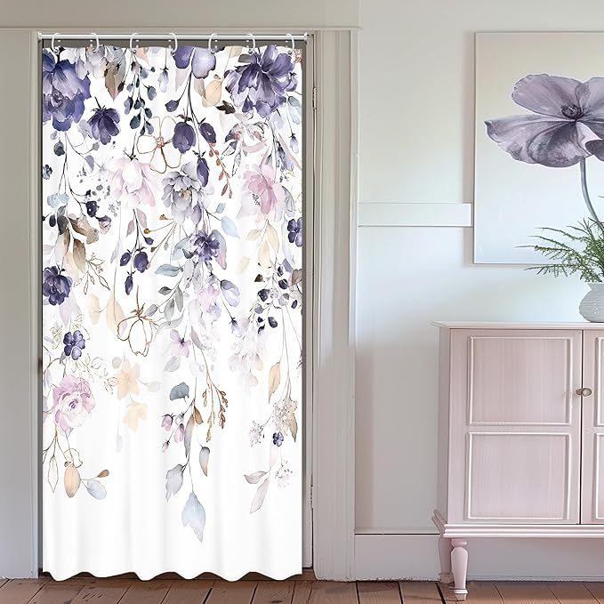 Floral Flower Shower Curtain 36Wx72L Inch Small Stall Purple Pink Leaf Rustic Girly Boho Wildflower Eucalyptus Botany Plant Bathroom Set Spring Bath Curtain Bathtub Accessories Home Decor