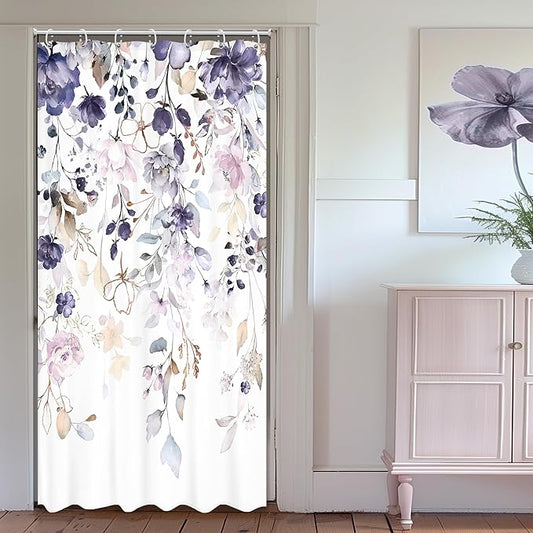 Floral Flower Shower Curtain 36Wx72L Inch Small Stall Purple Pink Leaf Rustic Girly Boho Wildflower Eucalyptus Botany Plant Bathroom Set Spring Bath Curtain Bathtub Accessories Home Decor