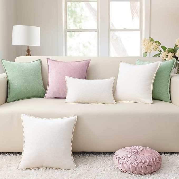 decorUhome Christmas Chenille Soft Throw Pillow Covers 22x22 Set of 2, Farmhouse Velvet Neutral Decorative Euro Pillow Covers with Stitched Edge for Couch Sofa Bed Home Decor, Sage Green