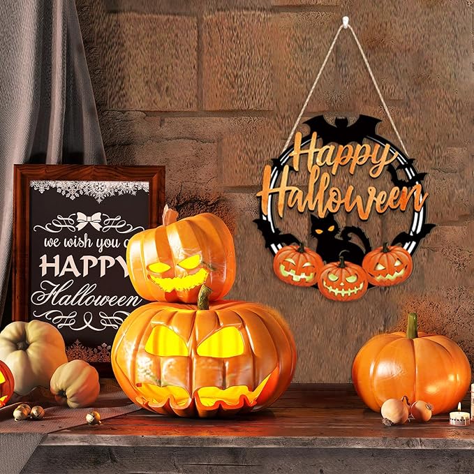 HPNIUB Halloween Door Decorations, Halloween Wreath Scary Pumpkin Black Cat Bat Front Door Hanger Wooden Hanging Sign Wall Decor for Room Party Indoor Home Decor