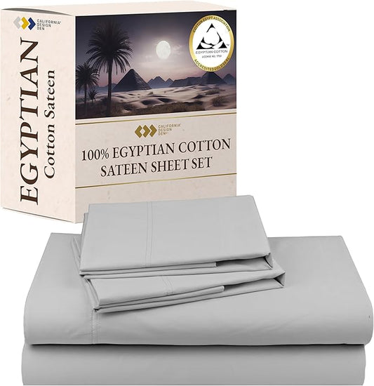 Certified Luxury 100% Egyptian Cotton Sheets, Queen Size Sheet, Deep Pocket Bed Sheets Set, Sateen Cooling Sheets for Hot Sleepers, Queen Egyptian Cotton Sheet Set, Light Grey Queen Sheet Set