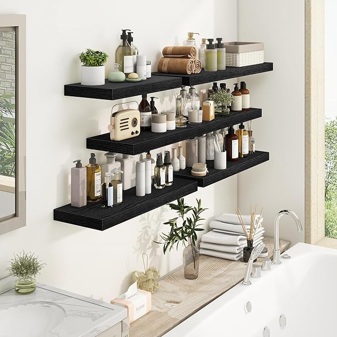 Fun Memories Floating Shelves - 2 Pack 9 Inch Deep Rustic Wooden Wall Shelves - Wall Mounted Storage Shelf with Invisible Brackets, 24" W x 9" D x 1.6" H - Black