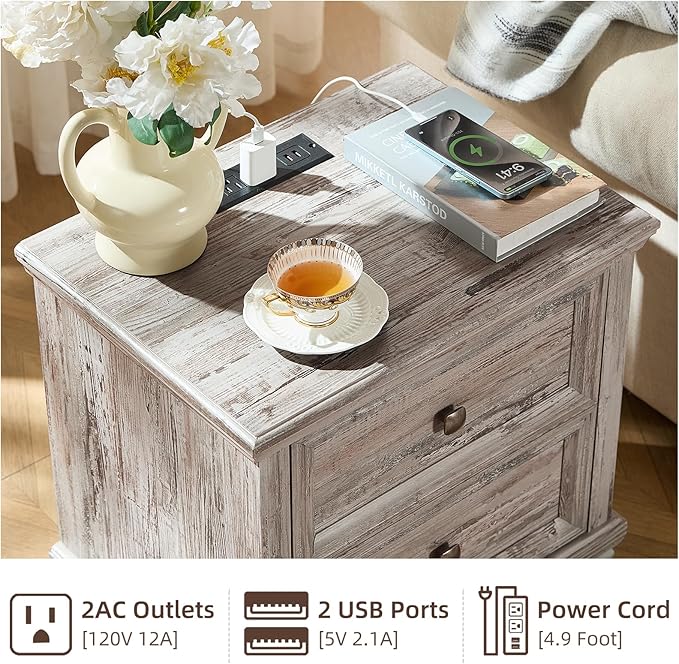 Farmhouse Nightstand Set of 2 for Bedroom, Mid-Century Low Nightstands with 2 Drawers & Charging Station, Vintage Night Stands with 4 Square Solid Wood Legs, Small Dresser for Home, Grey