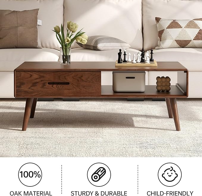 100% Solid Oak Wood Coffee Table for Living Room, Coffee Table with Storage Shelf and 2 Drawers, Mid Century Modern Coffee Tables for Home (Oak Walnut Color, 47.24'' W)