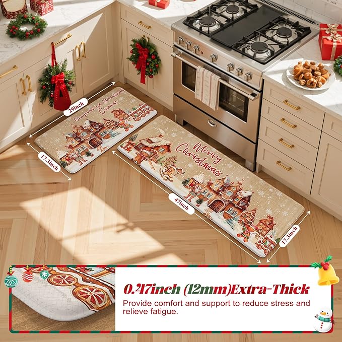 Merry Christmas Kitchen Mats for Floor, Xmas Gingerbread House Cushioned Anti Fatigue Kitchen Rugs 2 Piece, Non Slip Comfort Standing Rug Waterproof Sink Mat for Desk Laundry Office, Light Khaki