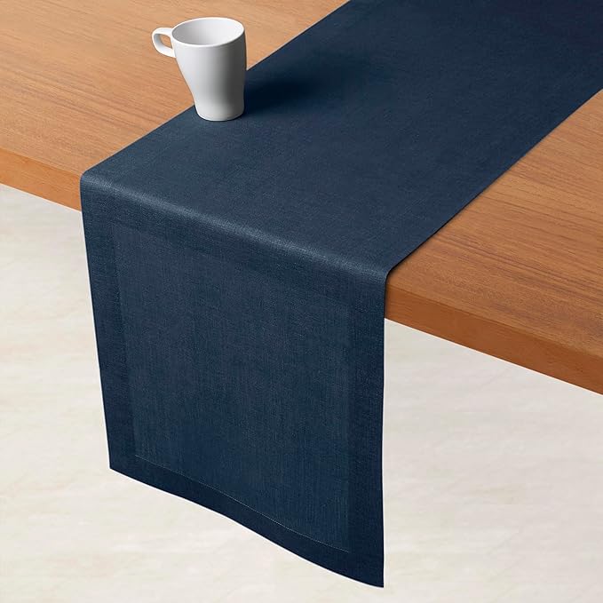 D'Moksha Homes Linen Navy Blue Table Runner 90 Inches Long - 100% Pure Linen 14 x 90 Inch Table Runner for Dining, Fall, Autumn and Halloween - Machine Washable
