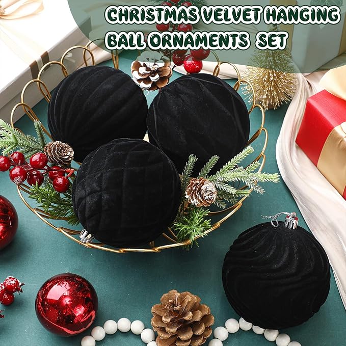 4 Pcs 4 Inch Large Velvet Christmas Ball Ornaments Vintage Christmas Plastic Ball Ornaments Flocked Tree Hanging Decoration for Xmas Party Wedding Home Decor(Black)
